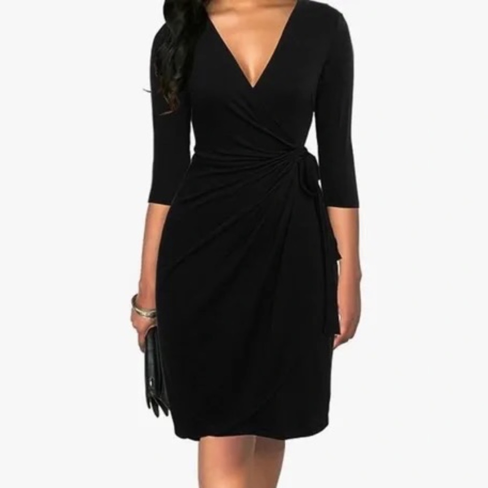 Berydress Classic Black V-Neck 3/4 Sleeve Wrap Party Work Cocktail Dress M